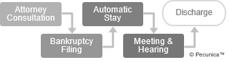 This illustrates the steps to an insolvent private debtor discharge in certain jurisdictions, which starts with the consultation of an attorney followed by the filing of bankruptcy by the debtor, an automatic stay (standstill) imposed by the court and a meeting of the creditors with the debtor and a court hearing, concluding in the court-ordered release of the debtor from all outstanding liabilities.