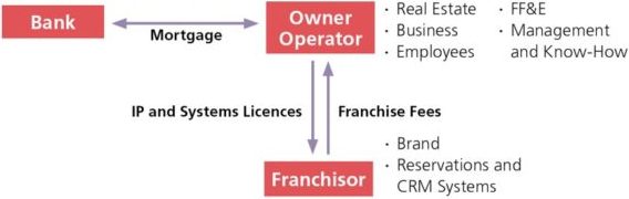 The owners or tenants (franchisees) sign a franchise agreement with a hotel brand (franchisor) to operate the property under a franchise agreement in exchange for a franchise fee. Hotel owners or tenants set up their own team or engage an independent operator to run the hotel business.